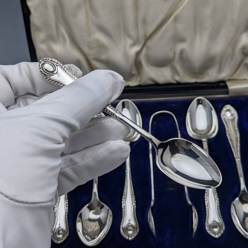 大約 1920 年英國古董銀盤 6 茶匙和鉗子套裝